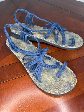 Plaka Blue Braided Fringe Women's Sandals - Casual Summer Slides - W9